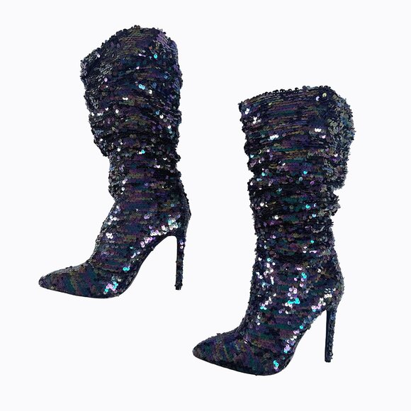 Purple Hologram Sequin Stilettos Sz 8 Slouchy Iridescent Metallic Y2K Rave Party - Picture 3 of 9
